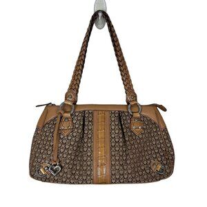 BRIGHTON Shoulder Bag‎ Signature Canvas Leather Braided Straps Brown Heart B's